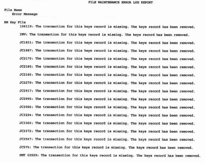 File Maintenance Error Log report