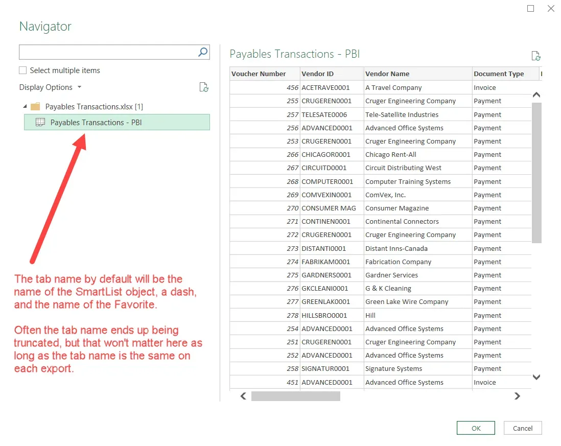 Tab selection window in Power Query
