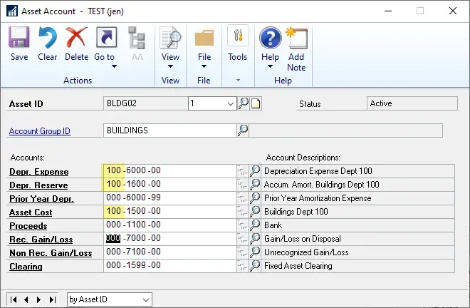 Account card with new GL accounts