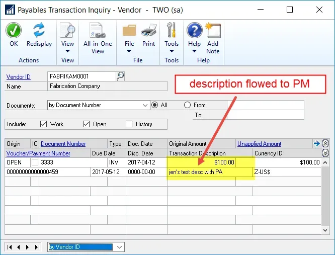 Description flows to A/P