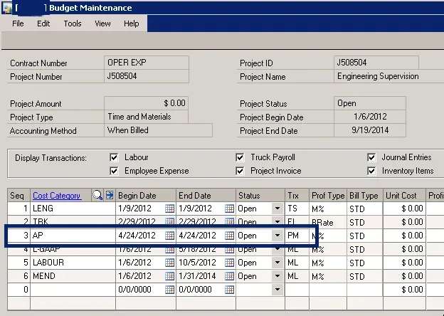 The Project Budget maintenance window with the AP cost category is highlighted.
