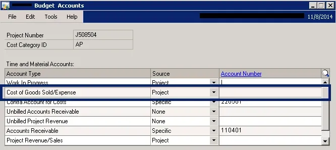 The Budget Accounts window, where the COGS account comes from in this particular configuration.