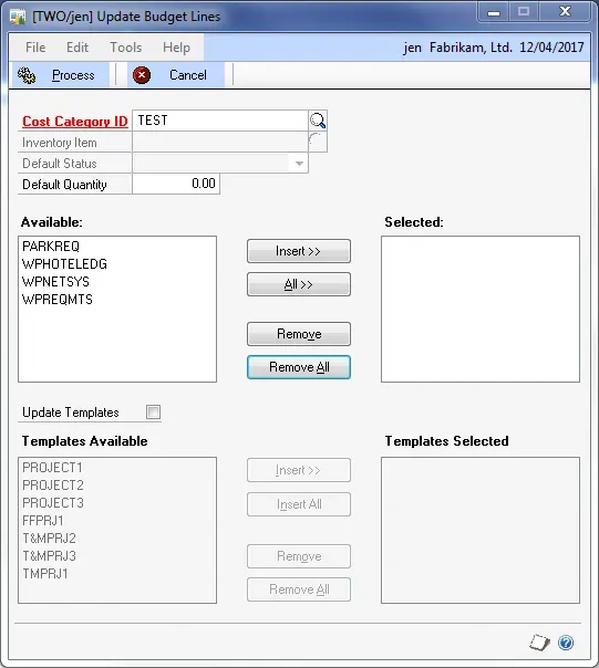 Project Accounting Update Budget Lines window