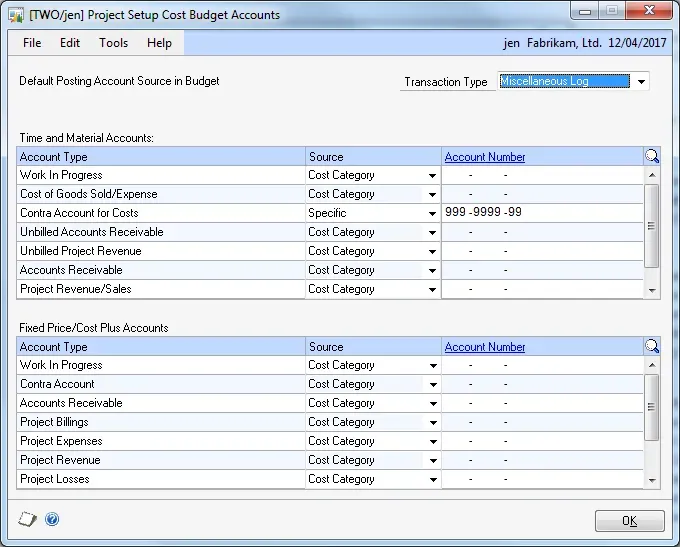 Project Setup default posting account sources window shows the Contra Account for Costs is set to 999-9999-99.