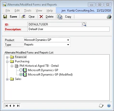 Alternate/Modified Forms and Reports window shows an example of a report where in this window there is now a choice of report versions to assign security on.