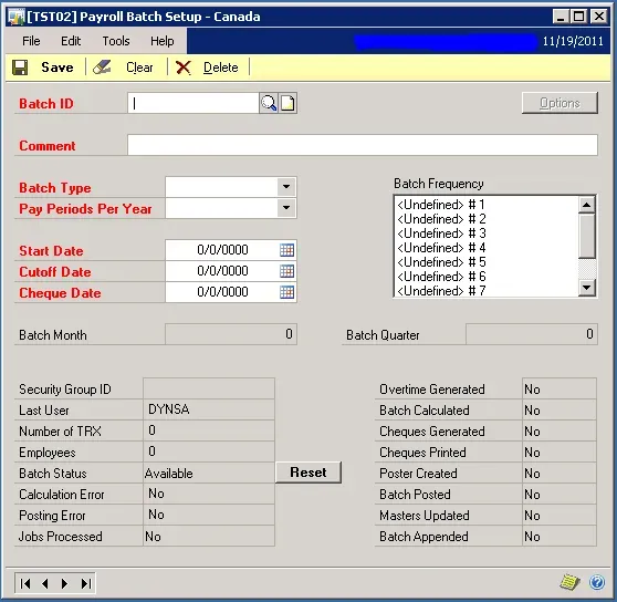 A picture of the Payroll Batch Setup in Canadian Payroll where the reset button is. The batch itself is empty on this screenshot.