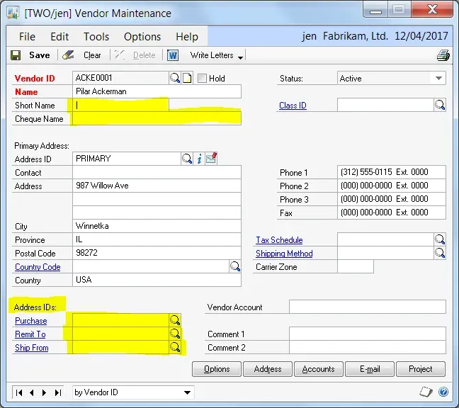 An example of a vendor card created originally from Project Accounting. The Short Name and Cheque Name fields are blank, and the Address IDs for Purchase, Remit To, and Ship From are all empty.