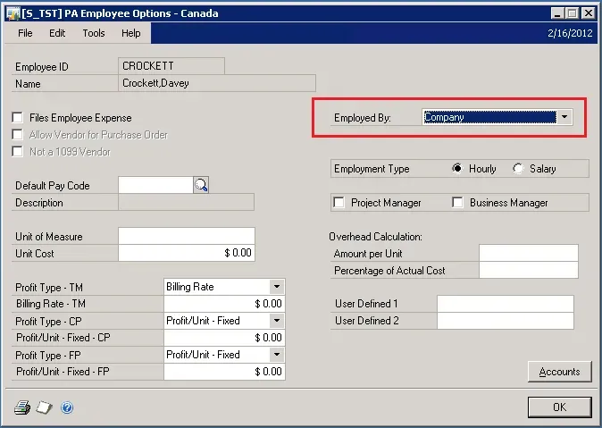 Pic_EmployeePAOptionsA screenshot of the PA Employee Options window in Canadian Payroll with Employed By circled in red, showing Employed By Company as the choice for this employee.
