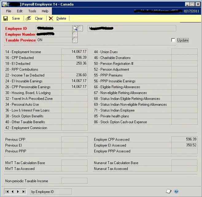 The same employee's T4 window in the Canadian Payroll module.