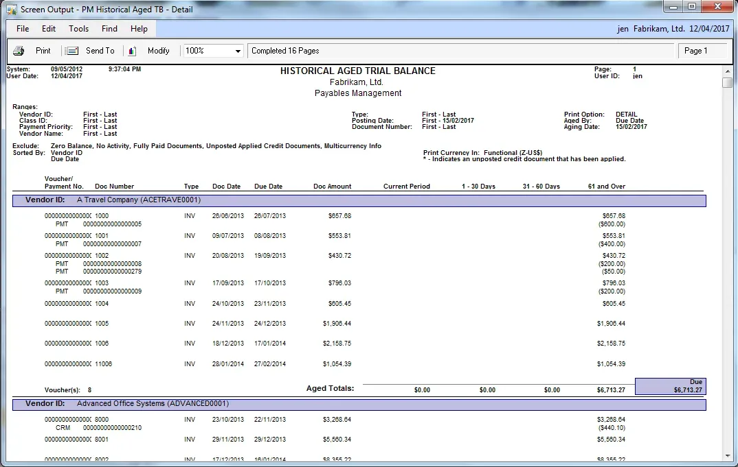 The next version of the report with the headings moved to the section above vendor.