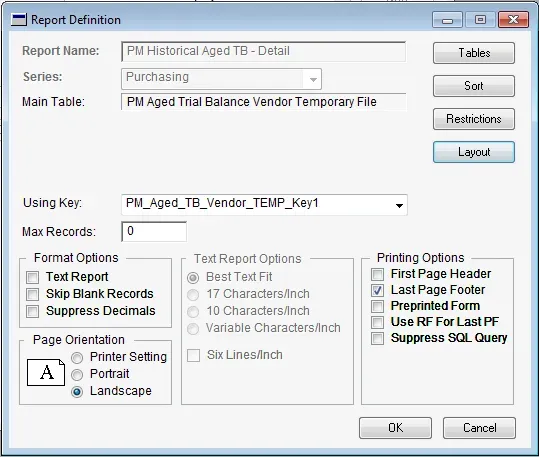 Report Definition window.