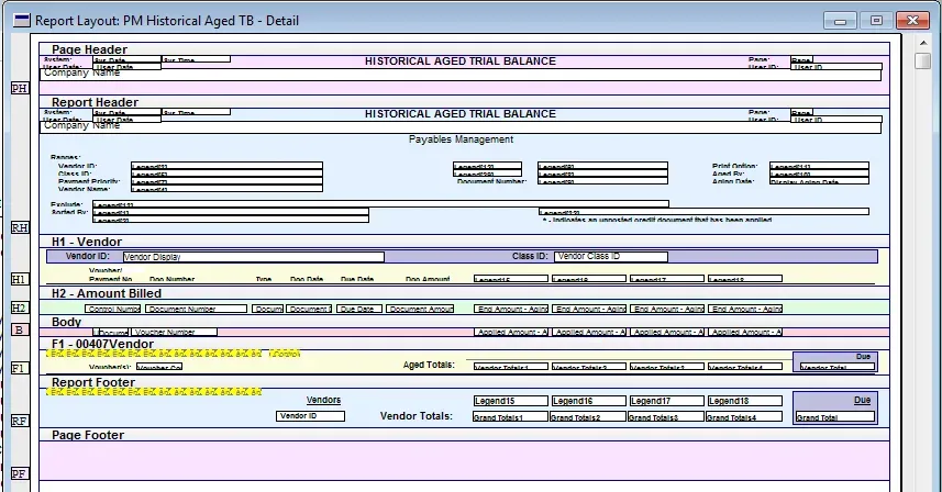 Report Layout window for the PM Historical Aged TB report.