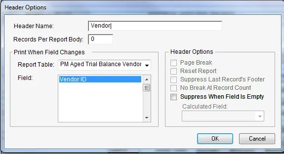 Header Options for a section called Vendor.