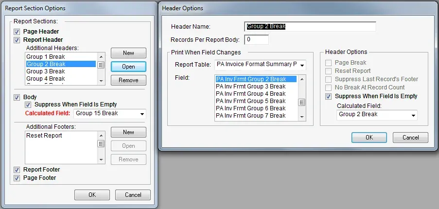 A more complicated example such as Project Accounting reports that have multiple sections to identify.
