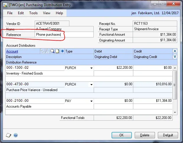 The Purchasing Distribution Entry window where the Reference field comes from, showing I've typed in "Phone purchases" in the field.