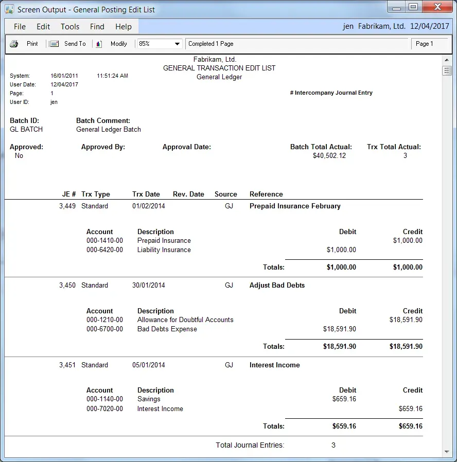 The General Transaction Edit List after all changes are done, with better formatting to differentiate the journal entries and align the data properly to its headings.