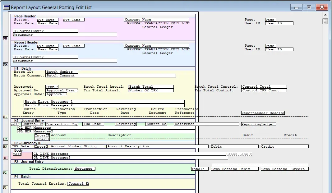 The report layout window before I start shows several fields off the coloured section that is the report page itself