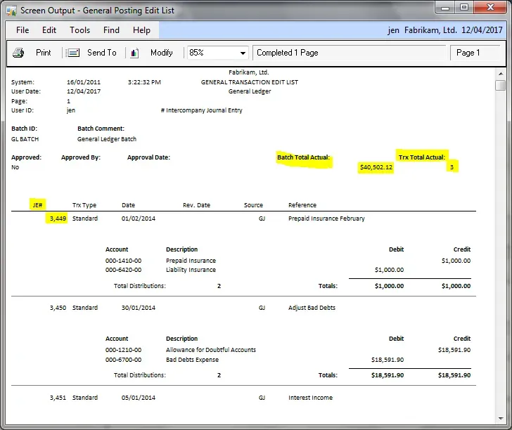 An example of the General Transaction Edit List with Batch Total Actual, Trx Total Actual and JE# highlighted with the corresponding value fields showing the data not at all lined up with the titles.