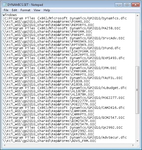 The Dynamics.SET file from my test workstation shows the pathname section where reports and forms dictionaries would be if they exist.