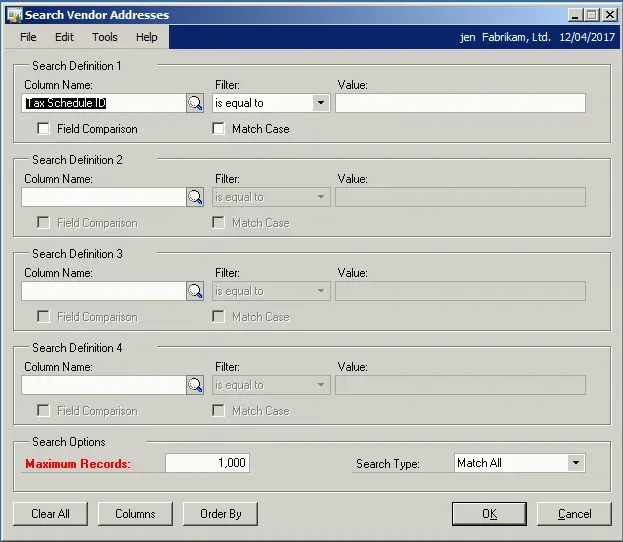 SmartList search for Tax Schedule ID is equal to <blank>.