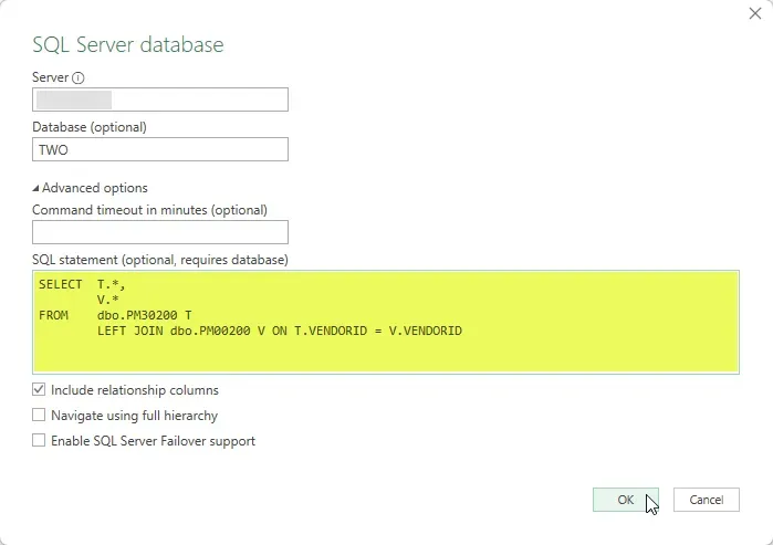 SQL connection in Power Query