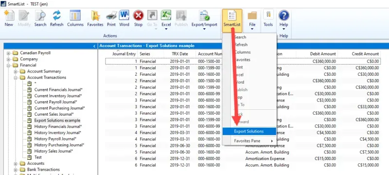 Navigation to Export Solutions