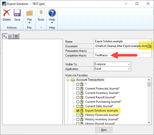 Export Solutions window