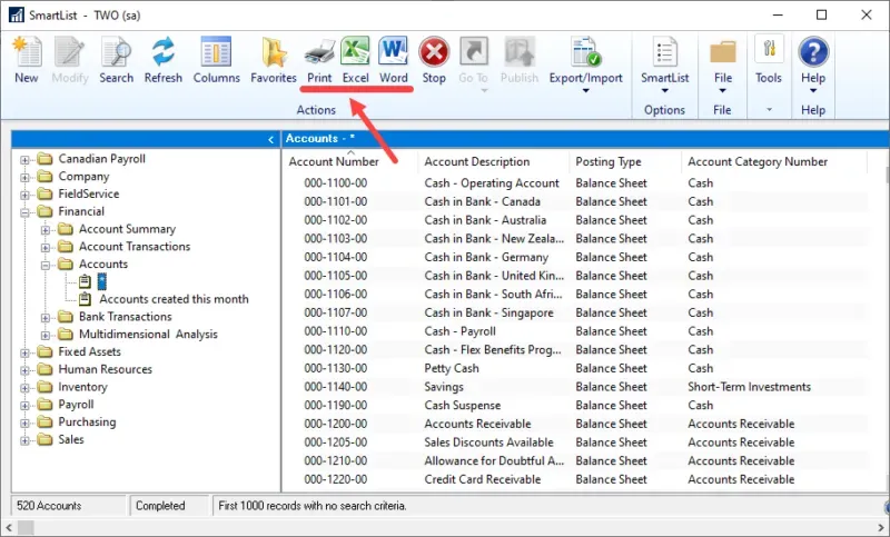 SmartList Print Excel Word buttons