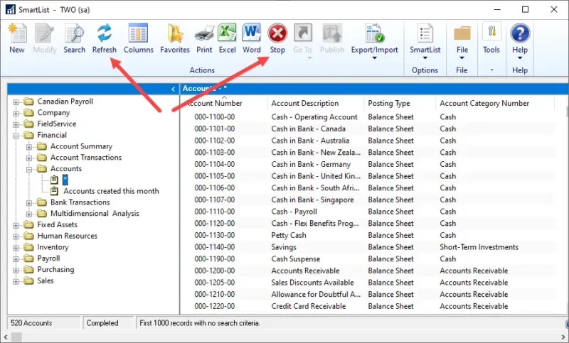 SmartList Refresh & Stop buttons