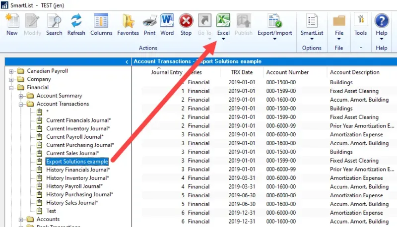 Excel button on toolbar with an export solution