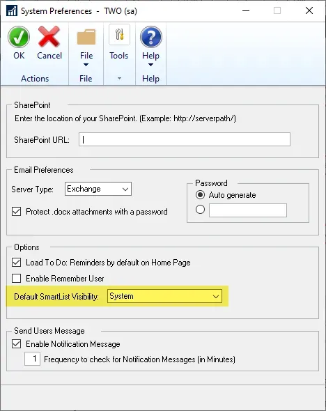 Default SmartList Visibility setting in System Preferences.
