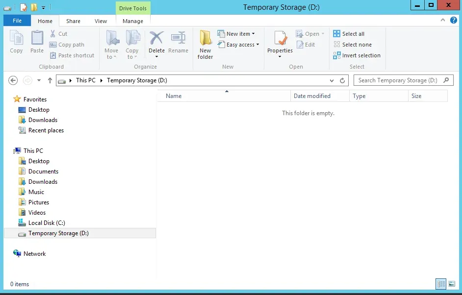The D drive after rebooting, and the test file is gone.