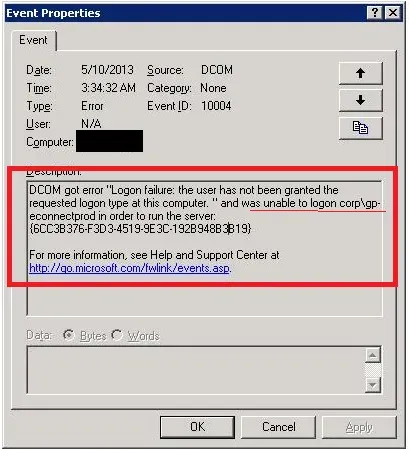 An error message in Event Viewer. The description in the error was "Logon failure: the user has not been granted the requested logon type at this computer".