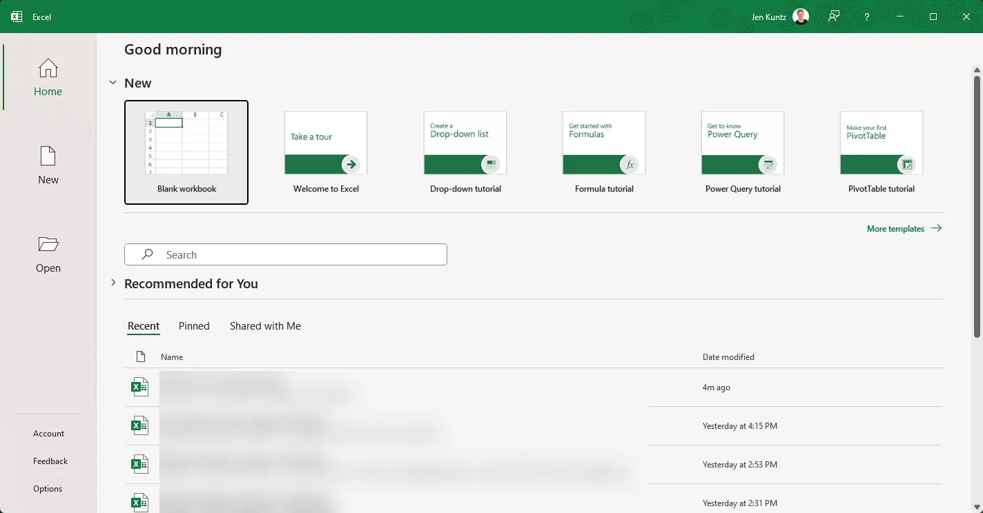 The Excel start screen shows a section for New, Recommended for You, and Recent items list, with the contents blurred.