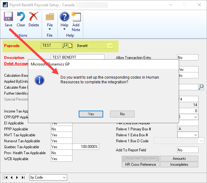 System message: "Do you want to set up the corresponding codes in Human Resources to complete the integration?"