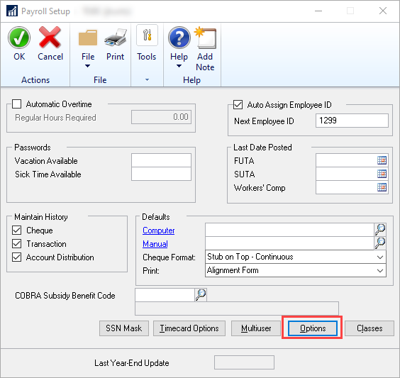 US Payroll Setup window with Options button circled.